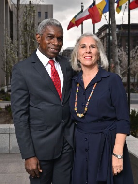 Elder D. Martin Goury, a new General Authority Seventy, and his wife, Sister Ruth Goury, pose for a photo at Temple Square in Salt Lake City on Monday, April 8, 2024. Photo by Scott G Winterton, courtesy of Church News.