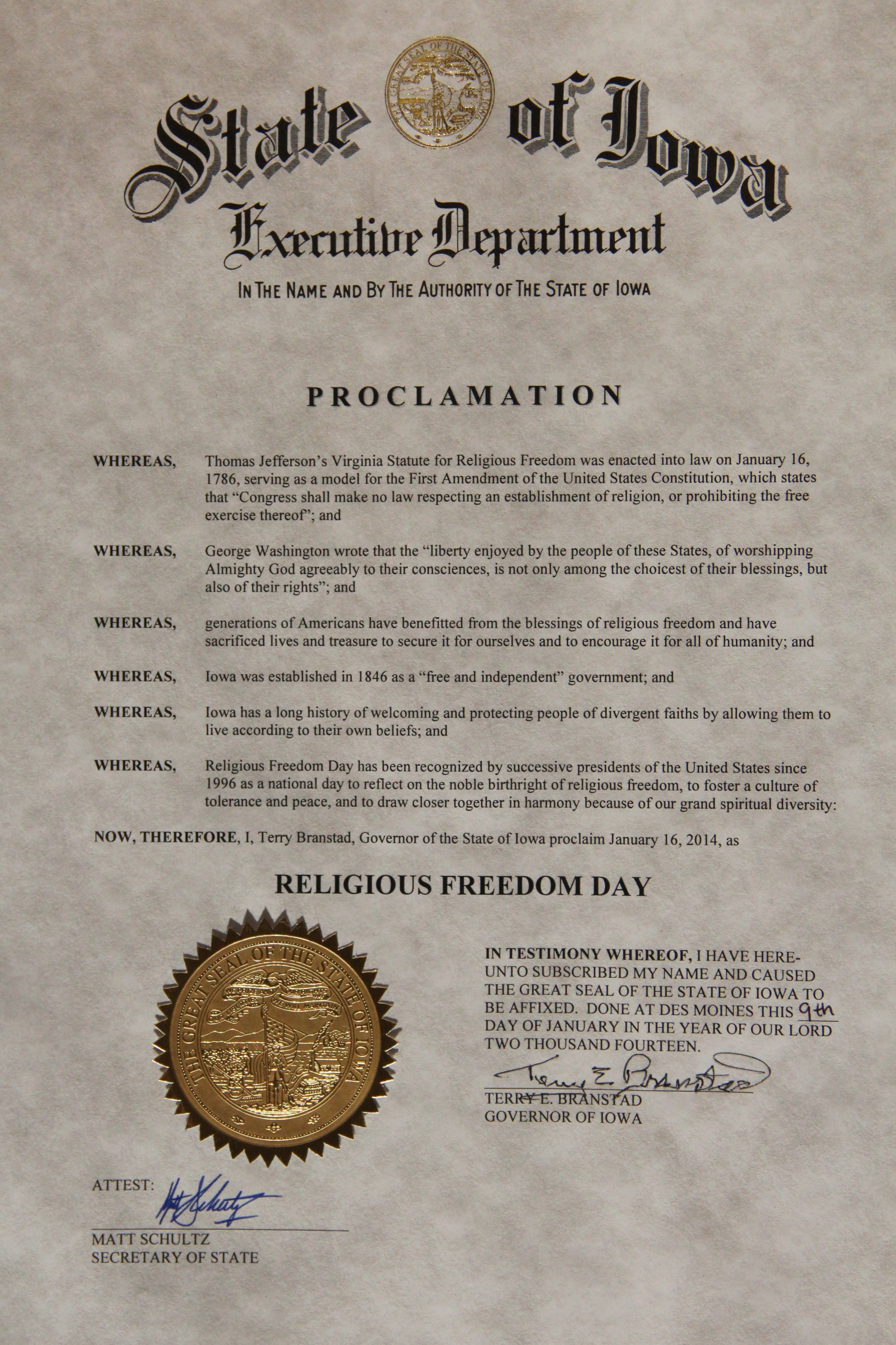 iowa religious freedom proclamation